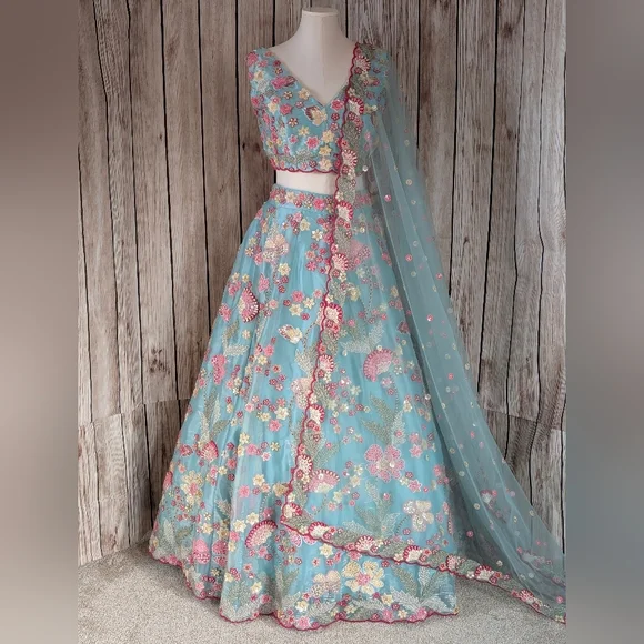 Beautiful Indian wedding embroidered floral | Pastel Blue color Lehenga choli - Picture 12 of 15